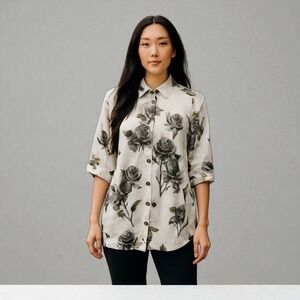 Sacred Threads Black Floral Button-Up‎ Top Relaxed Fit Rayon Shirt OS